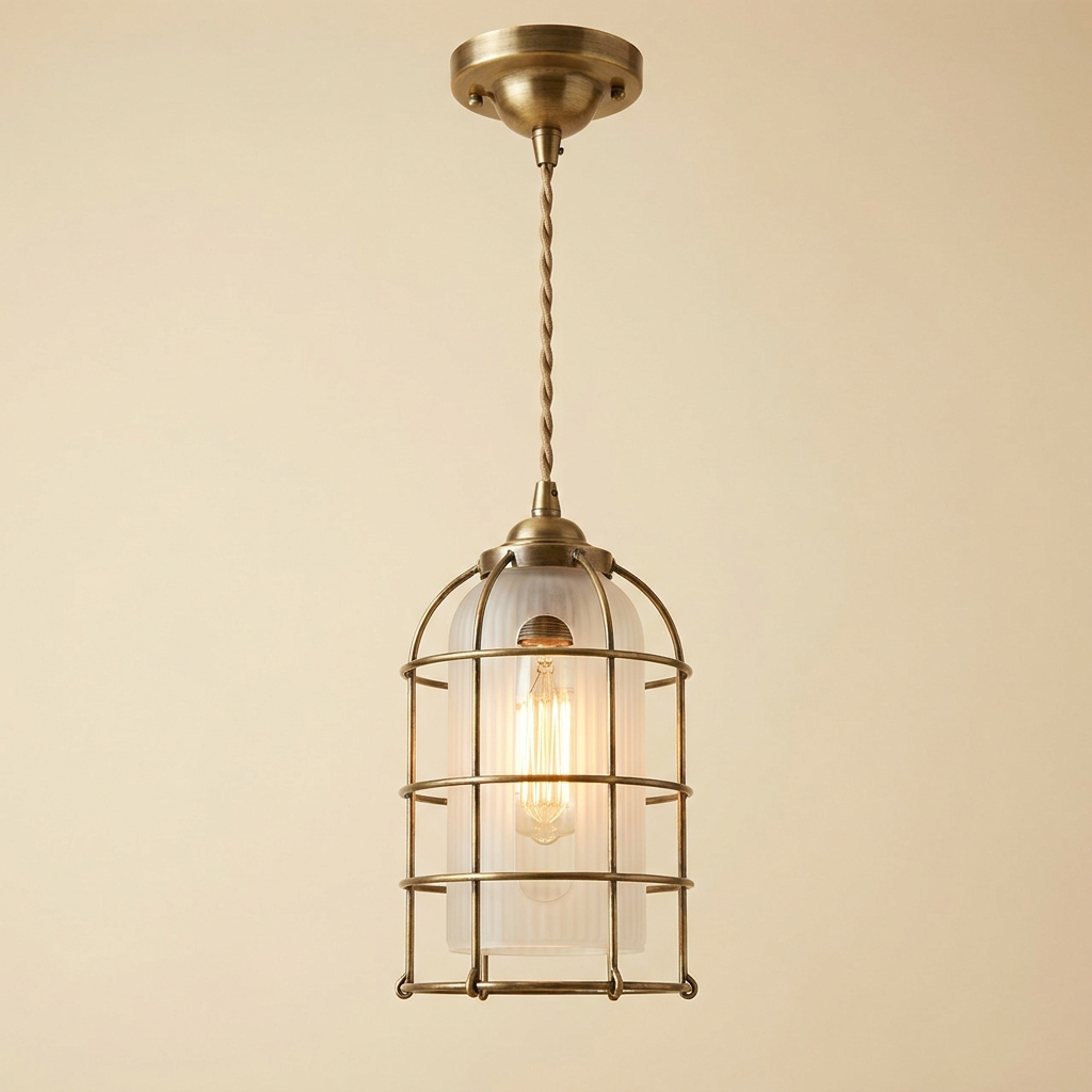 Edison — Brass Cage & Fluted Glass Pendant