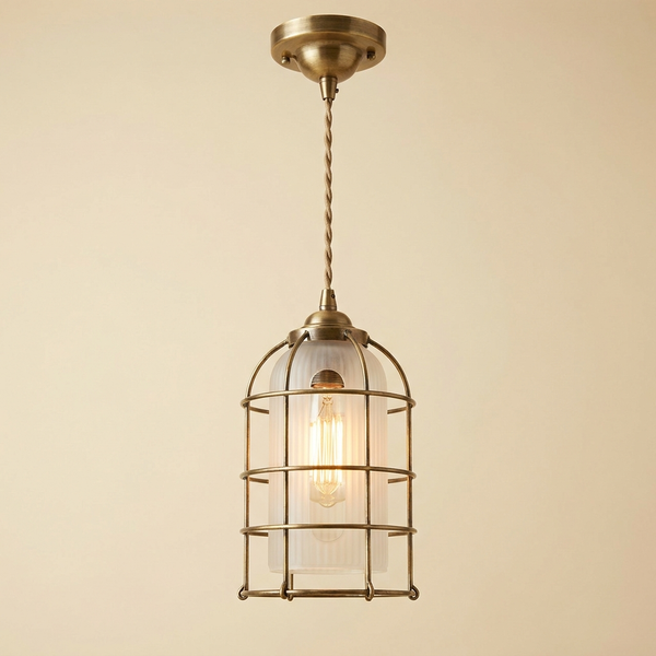 Edison — Suspension cage laiton & verre strié