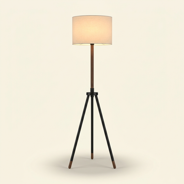 Établi — Lampadaire trépied bois & métal noir