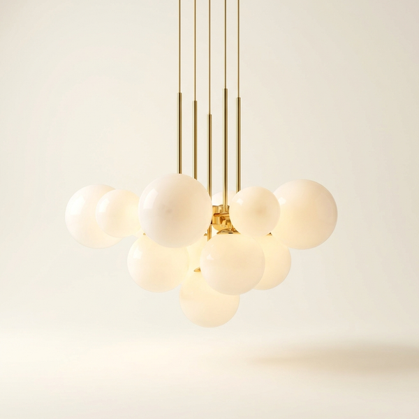 Ziegfeld — Lustre cascade globes opalin & laiton doré