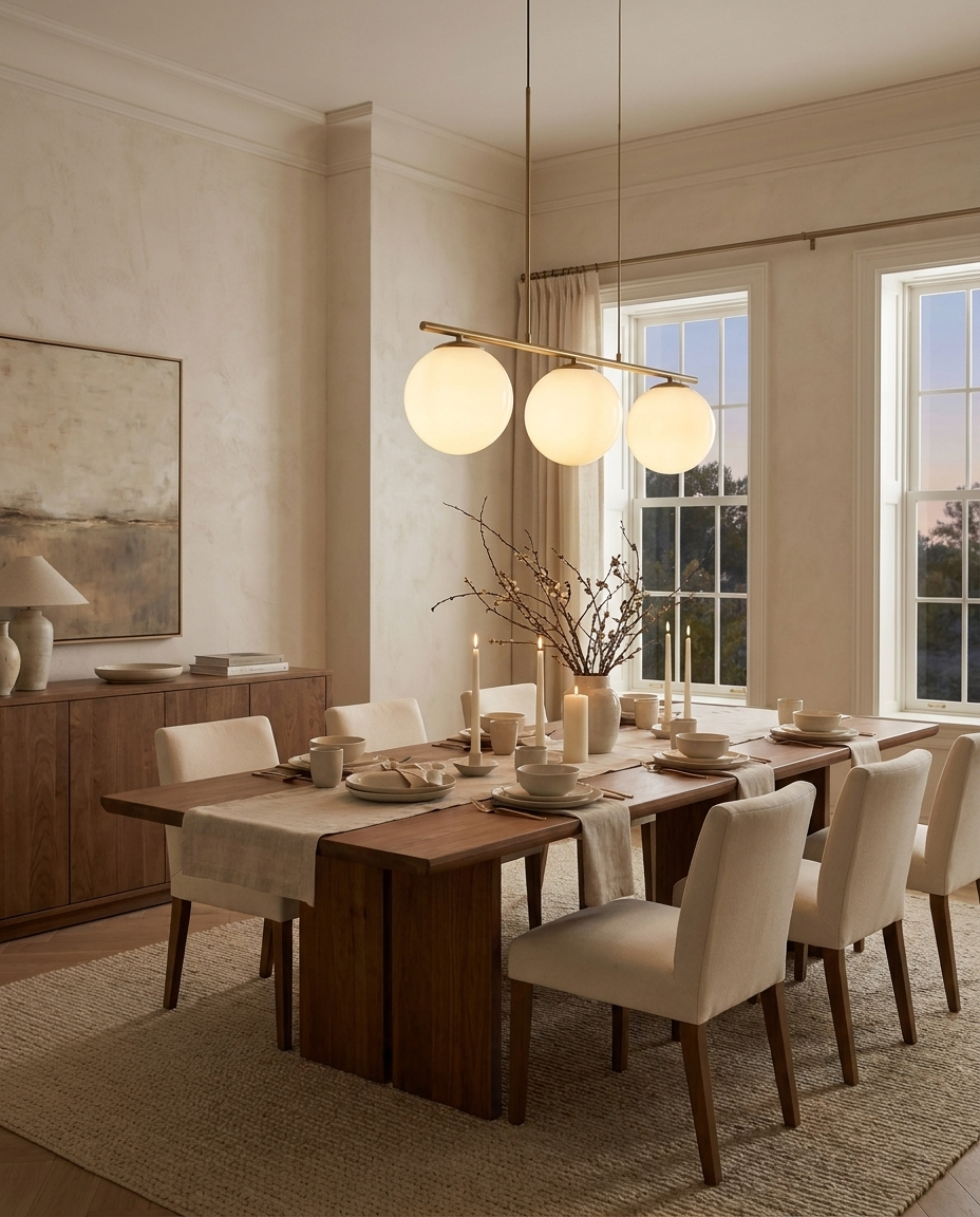 Halo Trio — Three-Globe Pendant in Opal Glass and Satin Brass