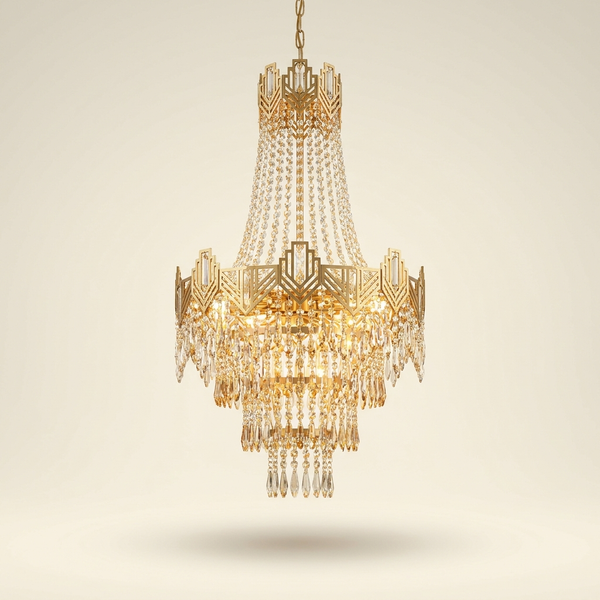 Cristal — Grand lustre cascade en cristal et laiton