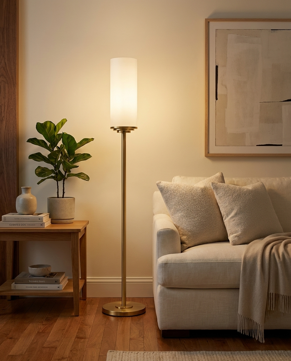 Chrysler — Brass Column Floor Lamp with Opaline Globe