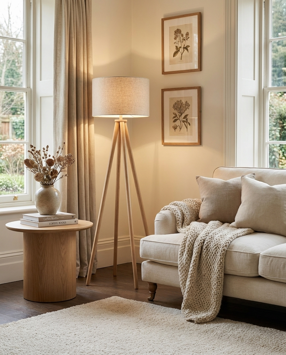 Tipi — Wooden Tripod Floor Lamp with Linen Shade