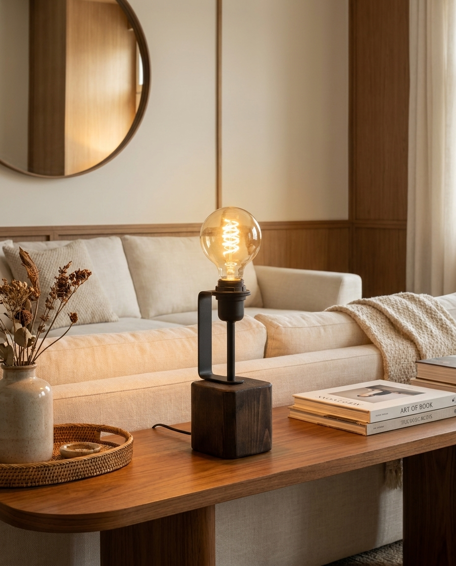 Filament — Edison Cage Table Lamp in Wood & Metal