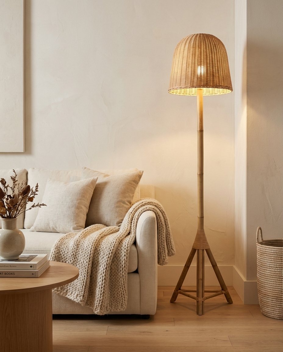 Zanzibar — Bamboo Tripod Floor Lamp with Rattan Cane Shade