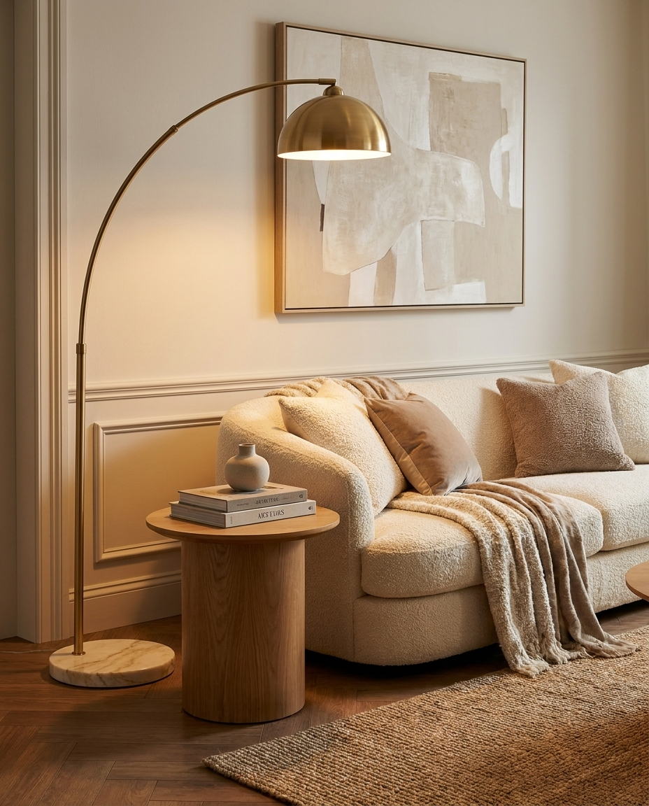 Arche — Lampadaire arc en laiton satiné & socle marbre